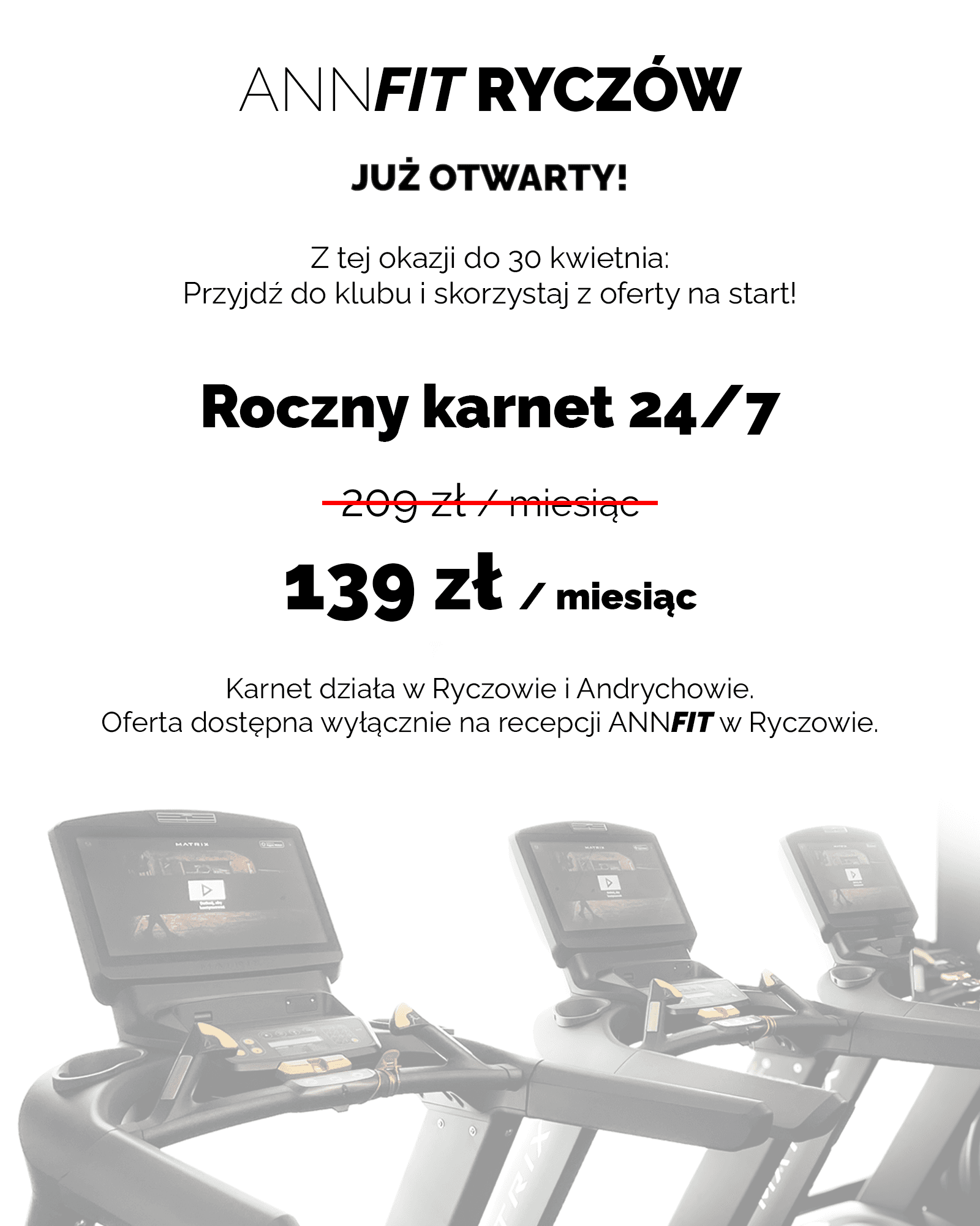 Grafika promocyjna ANNFIT Ryczów z informacją o ofercie otwarcia na roczny karnet 24/7 za 139 zł miesięcznie zamiast 209 zł miesięcznie